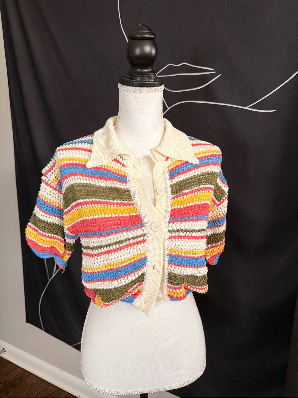 Crochet Stripe Short-Sleeve Cardigan Sweater - Cream Collar, Multi Stripe